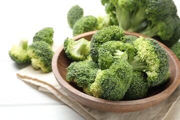 Fresh green broccoli on white wooden table, closeup. Space for text