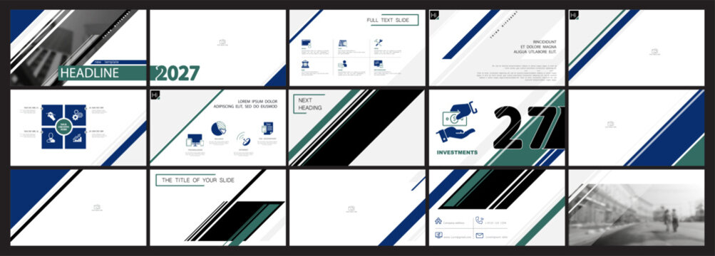 Business presentation template. Set, infographic elements, blue, green design, white background. Office building, flyer, corporate annual report, powerpoint. Slideshow icon, photo. Vector illustration