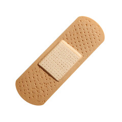 Adhesive bandage, beige with a tan pad, diagonally against a black background, well lit