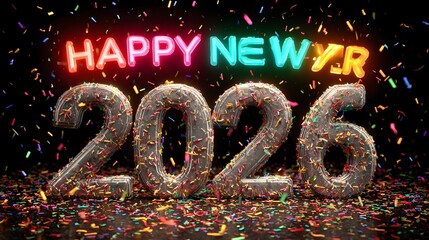 Neon glowing party lights framing &ldquo;Happy New Year 2026&rdquo; 3D text in bright vibrant colors