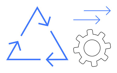 Triangular recycling arrows, a gear, and forward motion arrows suggest sustainability, efficiency, innovation, environmental awareness, circular economy, progress and mechanism. Simple flat metaphor