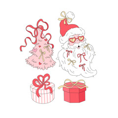 Preppy Cute Coquette Pink Merry Christmas Tree Gifts and Santa Clipart Set. Pastel Holiday Girly Aesthetic Illustration