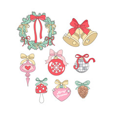Preppy Cute Coquette Pink Merry Christmas Tree Decorations Balls and Wreaths Clipart Set. Pastel Holiday Girly Aesthetic Illustration