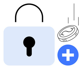 Lock with keyhole suggests security, falling coin represents financial focus, blue cross implies health and medical safety. Ideal for healthcare, finance, insurance, security, savings, data
