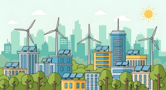 green city landscape with windmills clean energy trees buildings urban