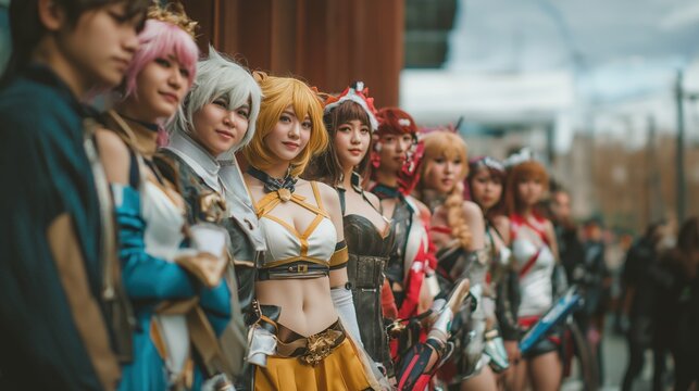 Group of people wearing a cosplay outfit of different anime characters posing at anime exhibition