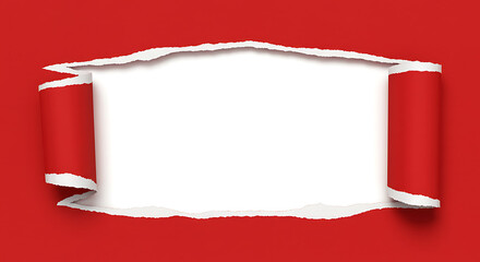 A red paper with a large tear revealing a white background and curled edges on both sides of the tear