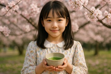 Girl with Matcha Tea in Cherry Blossom Garden. Spring Tea Ceremony under Sakura Trees. AI Generative.