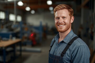 A man in workwear stands in a workshop surrounded by tools and machinery. The scene conveys manual labor and technical engagement.