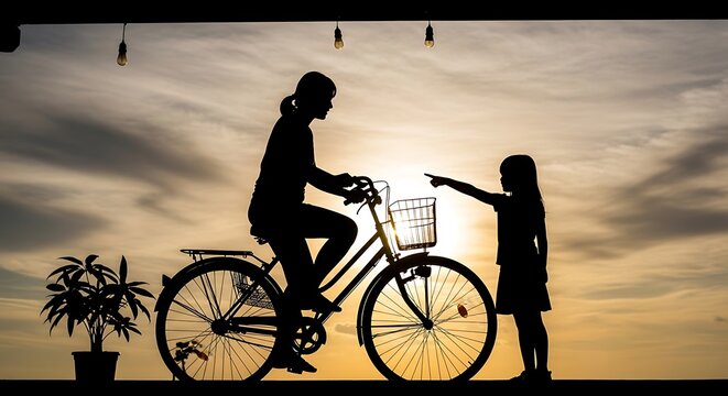 Father and Child Riding Bicycle at Sunset Family Outdoor Activity Scene