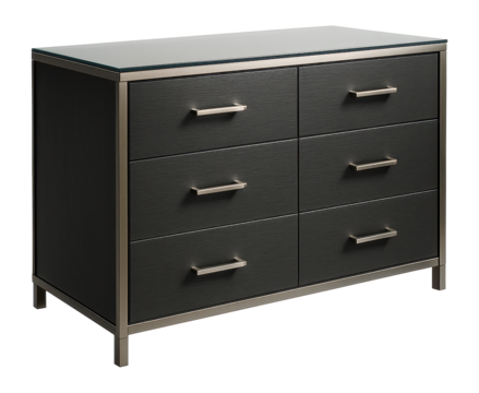 A sleek dresser with a glass top and metal accents for a modern urban living space.