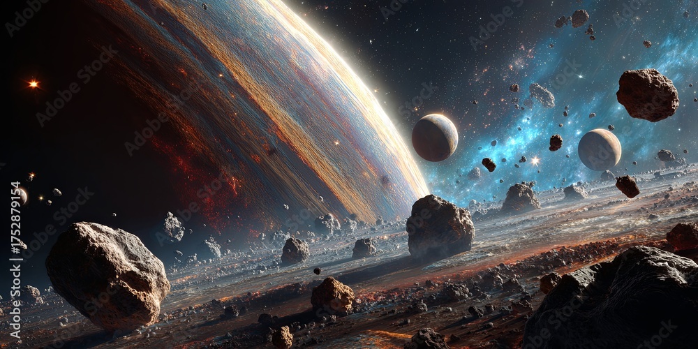 Canvas Prints vast universe scene with planets, asteroids, and space elements captured in stunning high-resolution