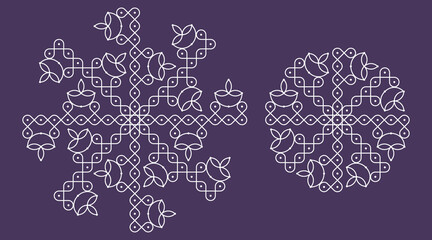 Diwali, onam and karthigai deepam special pulli kolam set. Indian Traditional folk art vector illustration.