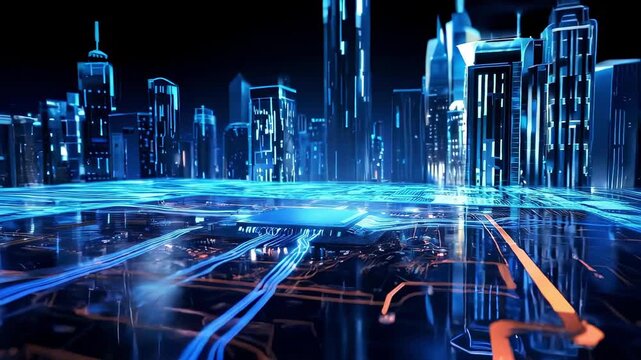 未来都市とCPU、デジタルデータネットワーク、イメージ動画