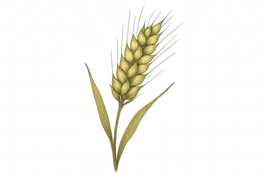 Wheat ear illustrating agricultural cereal production and harvest. Hand drawn botanical grain plant on a transparent background