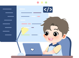 Cute cartoon boy programmer coding on laptop. Young child learns software development, computer science, programming technology. Adorable illustration of kid coder education