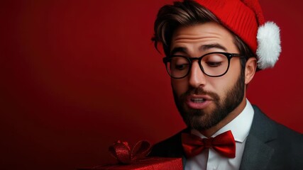 businessman in stylish suit and santa hat pointing finger sideways at empty space for text bright red studio background festive corporate holiday concept professional confident cheerful - Powered by Adobe