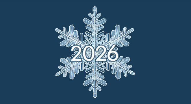 Snowflake with the year 2026 displayed in the center against a dark blue backdrop, symbolizing the upcoming winter olympics, creating a festive and anticipatory mood.