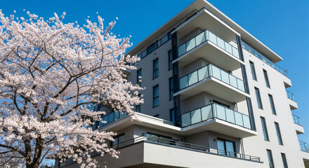 分譲マンションと満開の桜