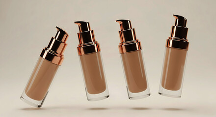 Four cosmetic foundation bottles with rose gold accents on a light background