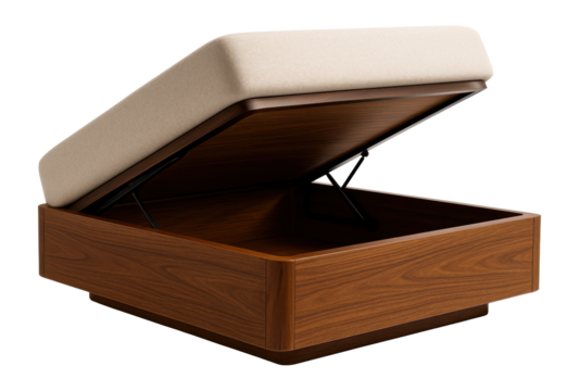 Lift-up bed with wooden frame, offering hidden storage beneath the mattress for bedrooms.