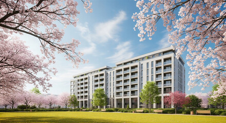 分譲マンションと満開の桜
