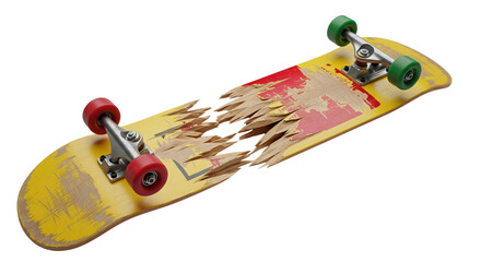 Broken skateboard symbolizes extreme sports accident and failure, highlighting the risks of skateboarding for action and sports photography