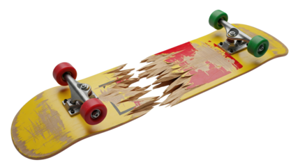 Broken skateboard symbolizes extreme sports accident and failure, highlighting the risks of skateboarding for action and sports photography