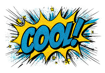 Expressive comic speech bubble with the word COOL in retro pop art style explosion