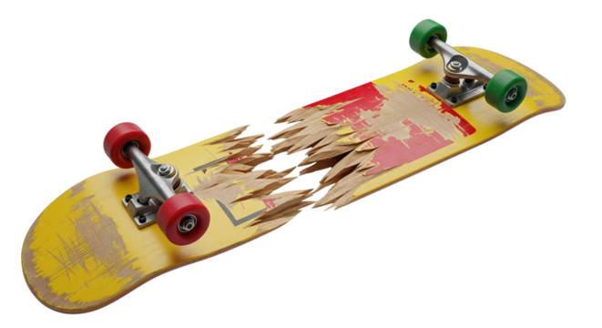 Broken skateboard symbolizes extreme sports accident and failure, highlighting the risks of skateboarding for action and sports photography