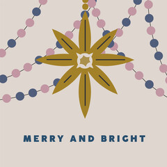 Obraz na płótnie Canvas Christmas greeting card design. Festive square postcard with garland and Xmas star ornament, decoration. New Year background with holiday decor in retro vintage style. Flat vector illustration Obraz na płótnie Canvas Christmas greeting card design. Festive square postcard with garland and Xmas star ornament, decoration. New Year background with holiday decor in retro vintage style. Flat vector illustration