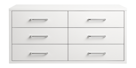 Modern white lacquer dresser with six soft-close drawers and sleek chrome handles.