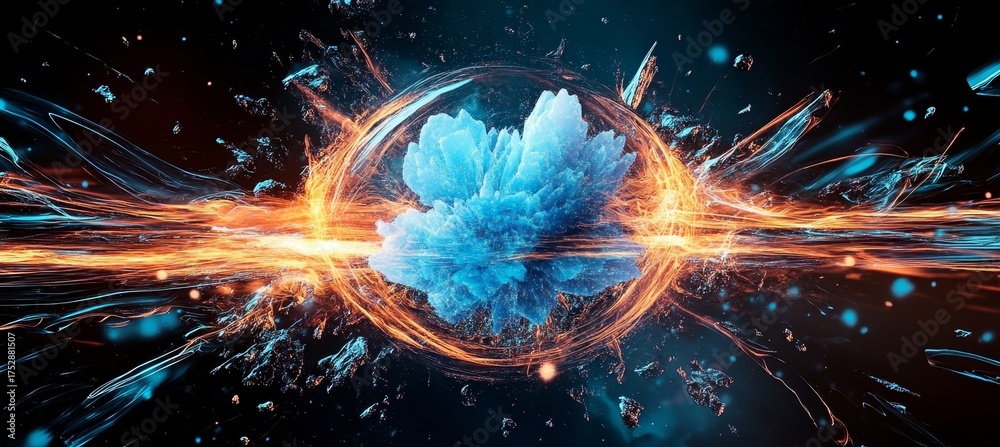 Wall mural dynamic abstraction of conceptual particle collision with intense energy and blue light eruption