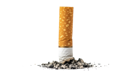 Extinguished cigarette butt resting in ash symbolizes unhealthy habits and the struggle to quit, offering a somber yet powerful image