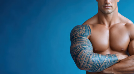 Muscular man tattoo sleeve Polynesian tattoo tribal tattoo body art blue background male torso arm tattoo traditional tattoo strong man fitness