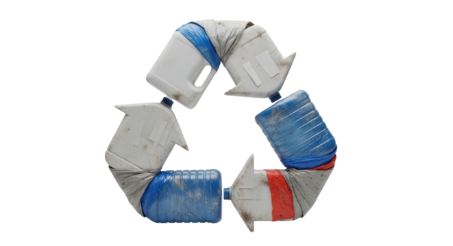 Showcase environmental awareness with a recycling symbol made from plastic bottles, promoting sustainability and eco friendly initiatives