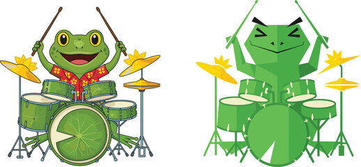 Funny cartoon frog drummer playing drums, cute amphibian musician illustration, joyful animal band concept for music celebration theme