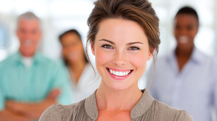 Smiling caucasian young adult female with group in background