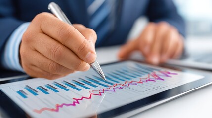 Businessman analyzing graphs on tablet with stylus in office setting