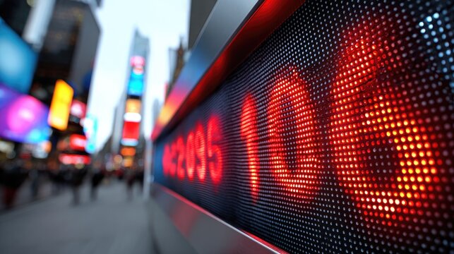 Close-up of digital ticker display in urban setting with colorful city lights blurred in background