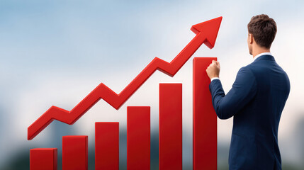 Young caucasian male in suit analyzing red graph with upward arrow showing business growth