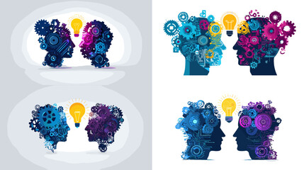 Illustration of two human heads made of gears and cogs exchanging ideas with a light bulb, symbolizing teamwork, innovation, and creative communication in business or education.