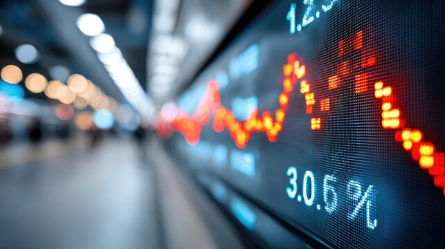 Dynamic stock market display with volatile graphs and percentages in a modern financial hub