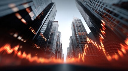Urban skyscrapers with financial graph overlay at dusk in modern cityscape