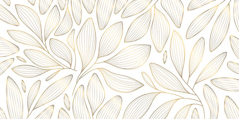 Luxury botanical vector background with golden palm leaves, floral line art, elegant tropical pattern, modern Art Deco design. Summer wallpaper, spa card, wedding template