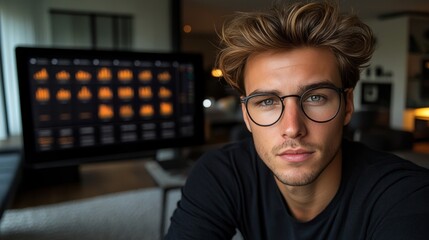Confident Millennial Analyst Displaying Financial Data Insights from Modern Desk Computer Screen