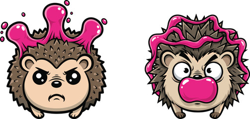 Cute cartoon hedgehogs with pink bubble gum, funny animal illustration, adorable expressive characters with slime and chewing gum design