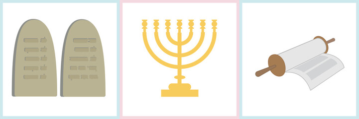 Bible-themed vector illustration for children featuring the Ten Commandments tablets, a menorah, and a scroll. Perfect for Christian education, Sunday school, or Bible study materials.