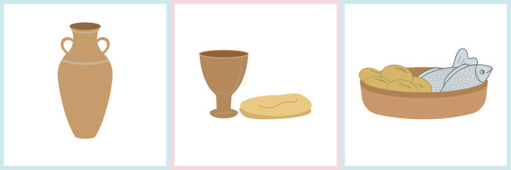 Bible-themed vector illustration for children featuring bread and wine, a jug, and loaves with fish. Perfect for Christian education, Sunday school lessons, and Bible story materials.