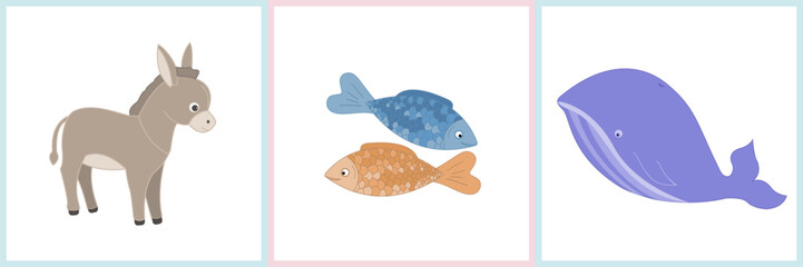 Cute vector illustration for children featuring a donkey, fish, and whale. Perfect for kids learning materials, nursery prints, or educational games.